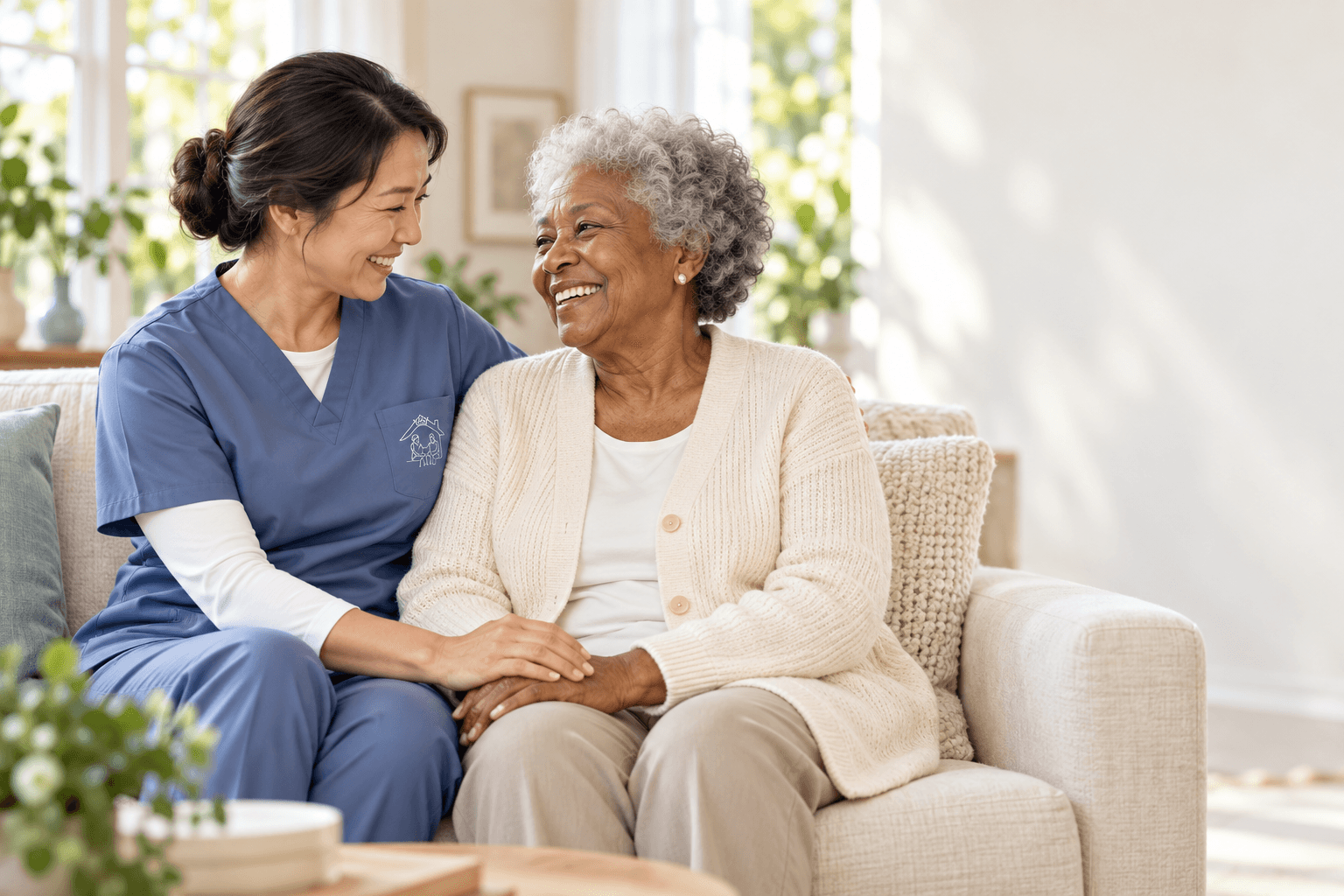 Illustrative scene of a caregiver in Royalty-branded blue scrubs sharing a warm moment with an older woman at home
